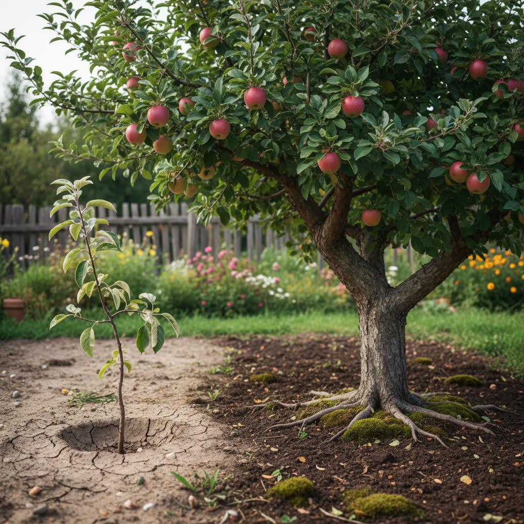 gemini-2.5-flash-image-preview_Two_apple_trees_sit_side_by_side_in_the_garden_one_small_with_sparse_green_leaves_in_ordinary_soil-0